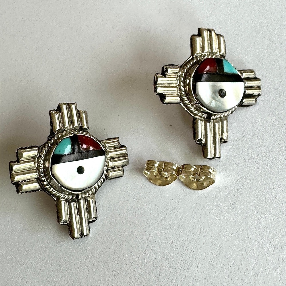 Sunface Zuni Stud Earrings Turquoise Inlay Zia Symbol NM Coral Sterling Cheama